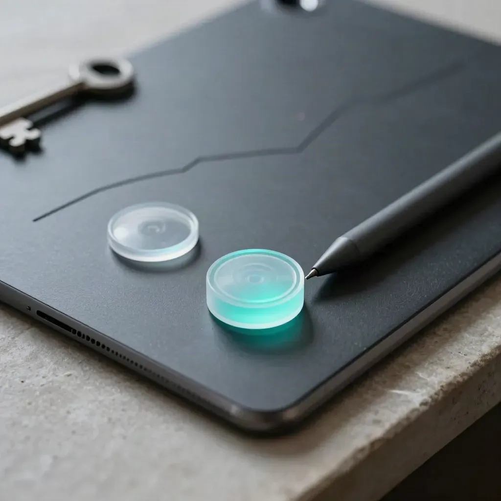 Slate chart tools with stylus, cyan glows, and two translucent pucks on stone.
