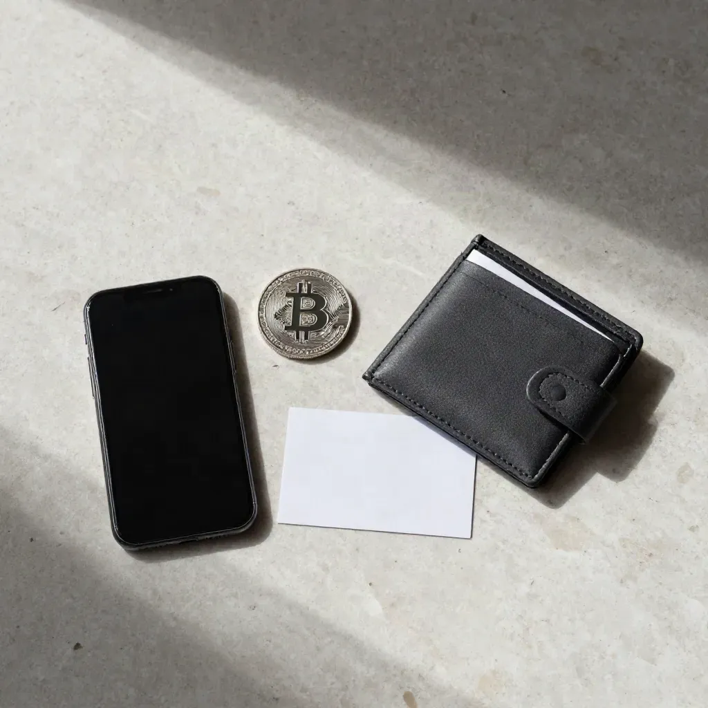 Overhead flatlay of a dark phone, silver coin disc, and folded wallet sleeve on pale stone.